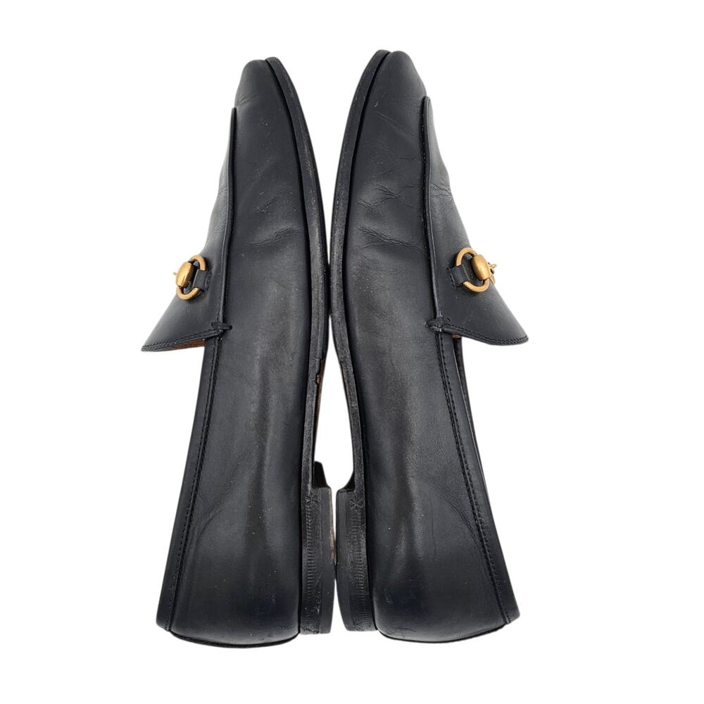 Gucci Jordaan Horsebit Slip On Flat Loafer Black Leather Gold Size 37.5 US 7.5 - Picture 7 of 11